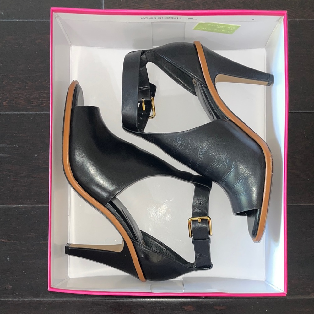 VINCE CAMUTO Black Peep-Toe Heels with Tan Sole - Picture 6 of 6